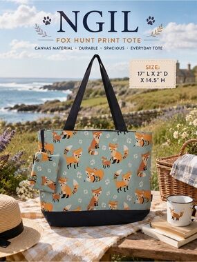 NGIL Fox Print Canvas reusable Tote Bag